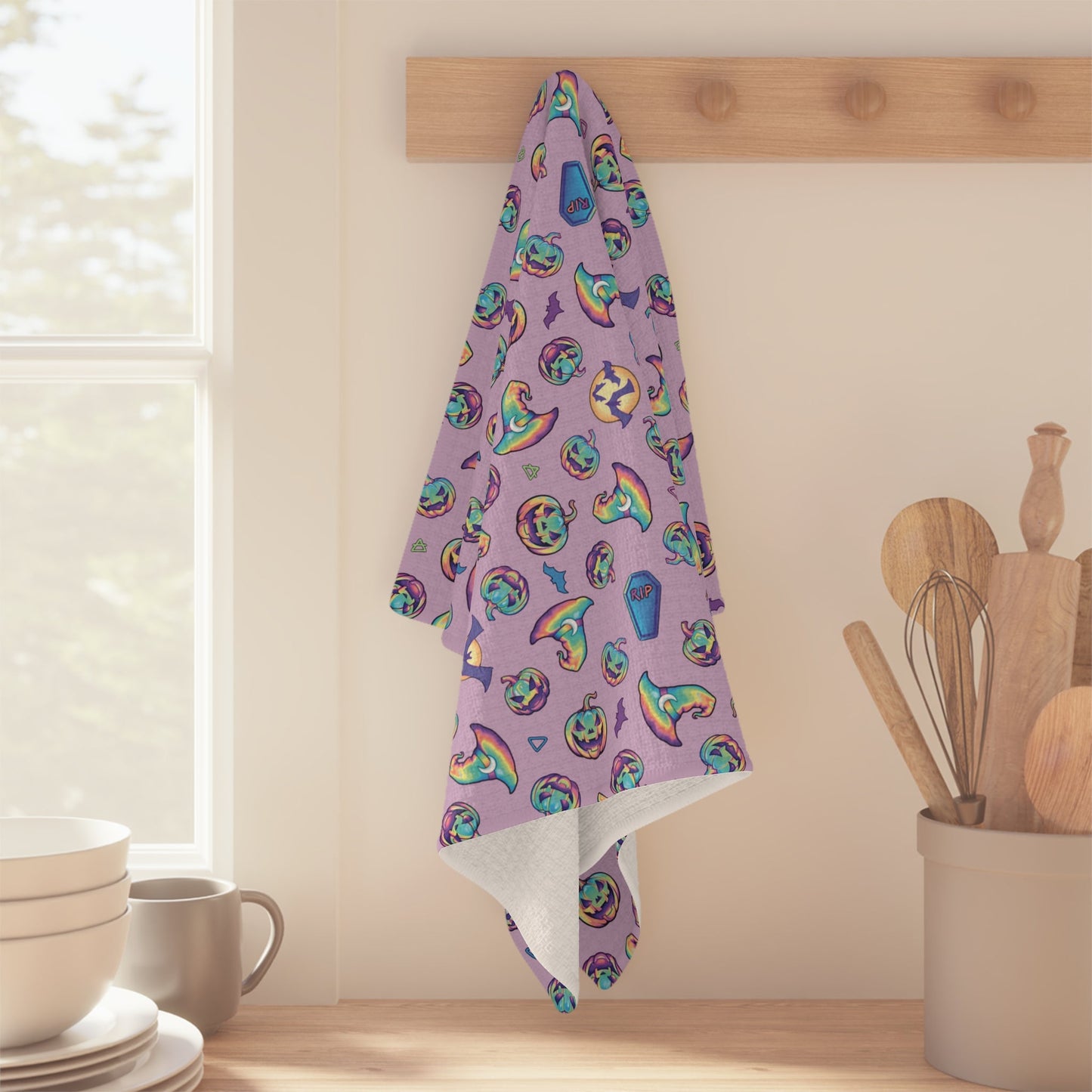 Jack-o’-Lanterns, Bats & Witch Hats Soft Tea Towel - Purple - Driftless Enchantments