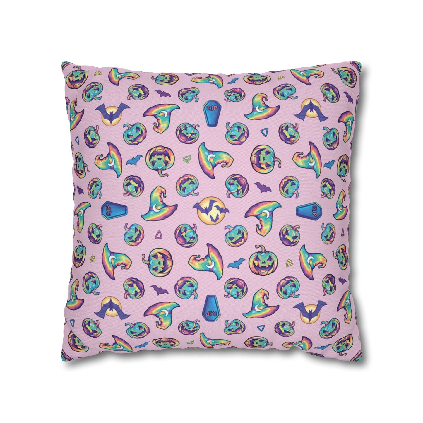 Jack-o’-Lanterns, Bats & Witch Hats Square Pillow Case - Pink - Driftless Enchantments