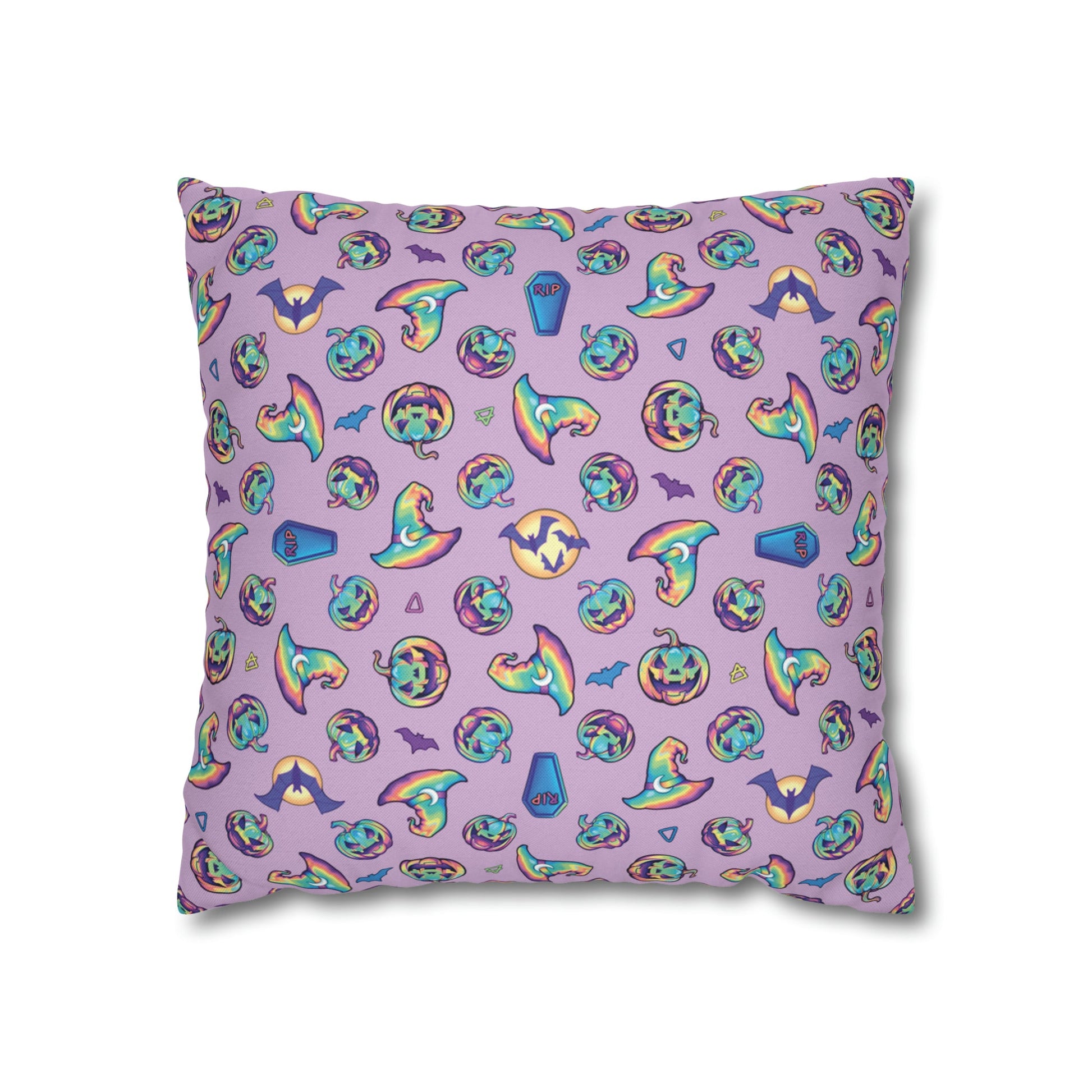 Jack-o’-Lanterns, Bats & Witch Hats Square Pillow Case - Purple - Driftless Enchantments
