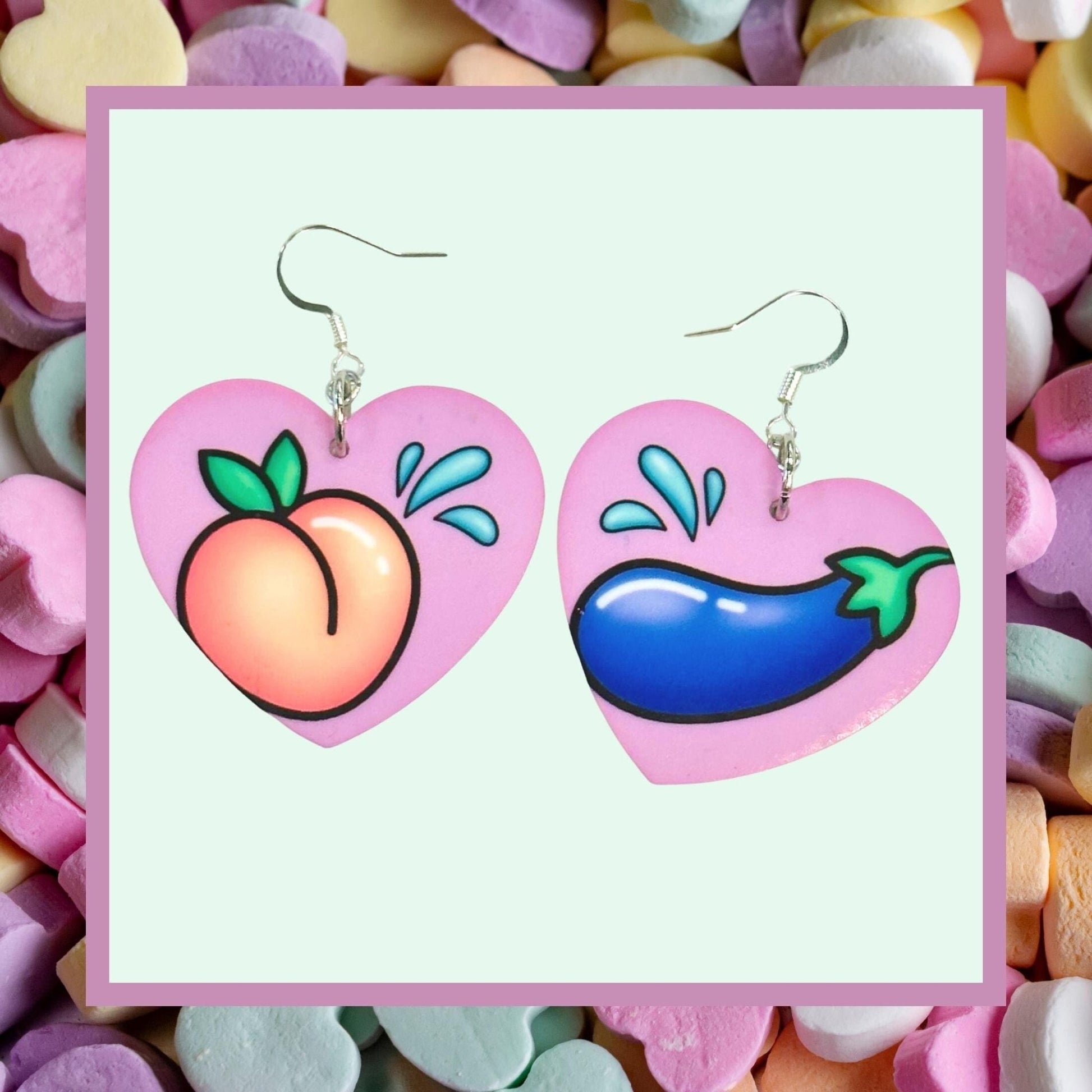Juicy Peach & Eggplant Emoji Earrings - Painted Raina