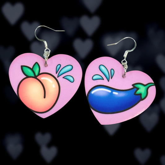 Juicy Peach & Eggplant Emoji Earrings - Painted Raina