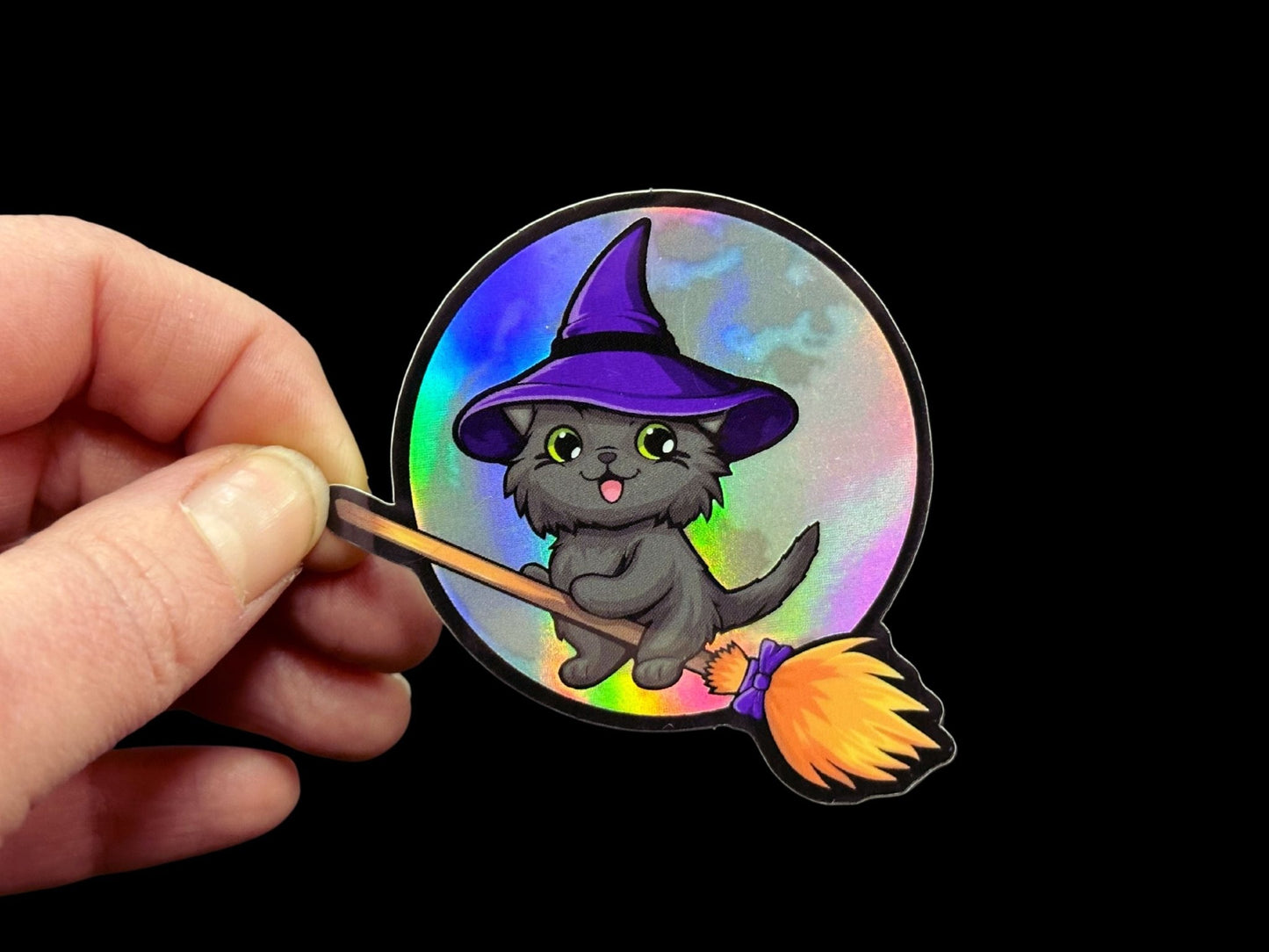 Kitty Flew Over the Moon Premium Holographic Sticker - Driftless Enchantments