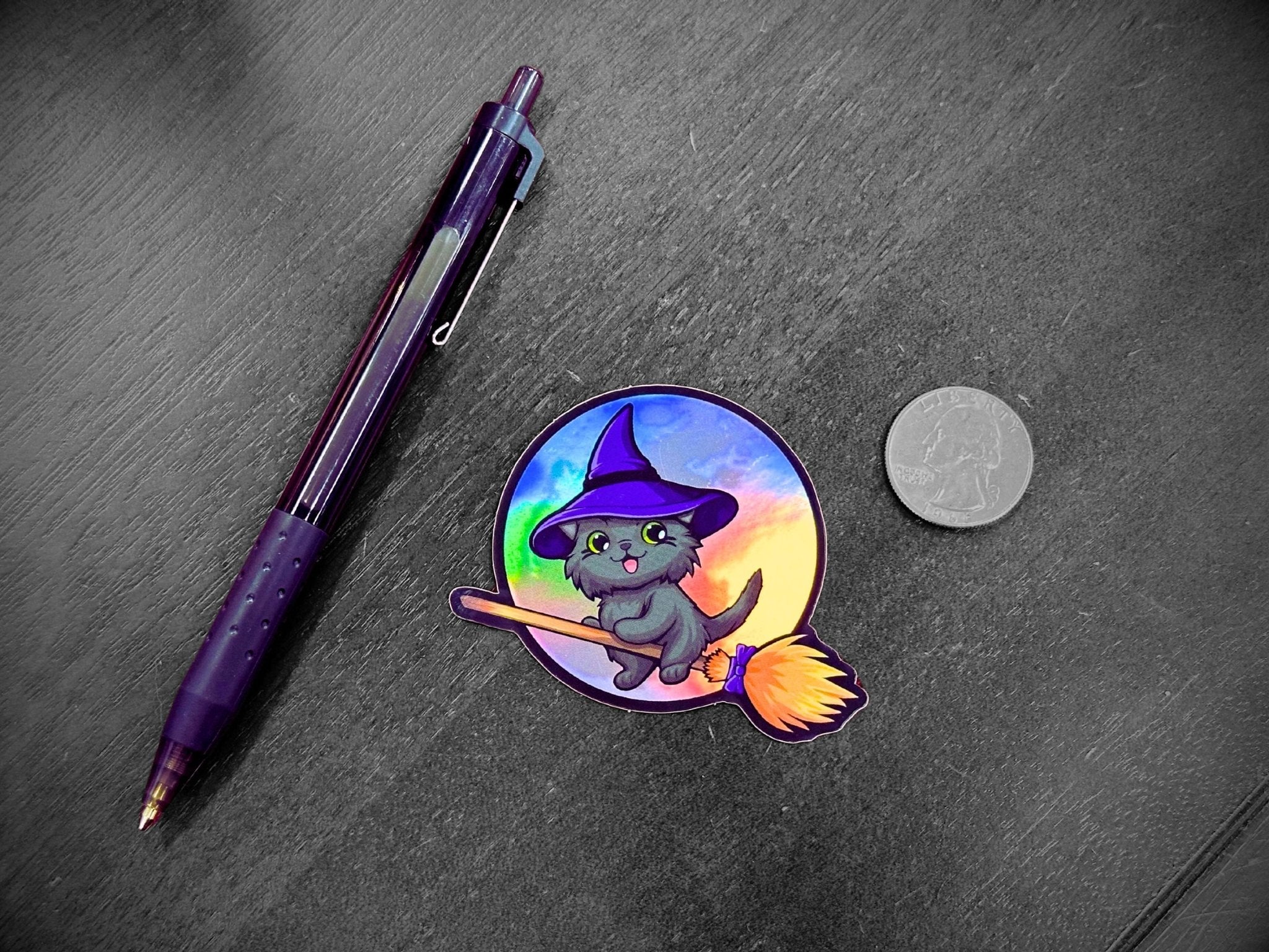 Kitty Flew Over the Moon Premium Holographic Sticker - Driftless Enchantments