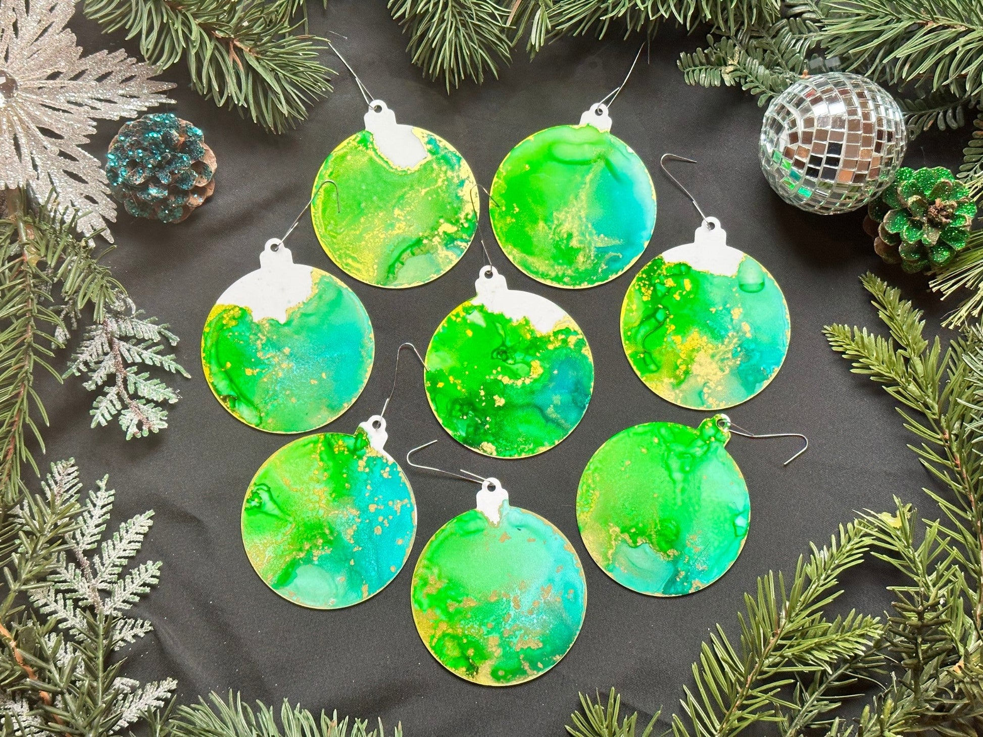 Lime, Aqua and Gold Inks Hand-Painted Ornaments - Set of 8 - Driftless Enchantments