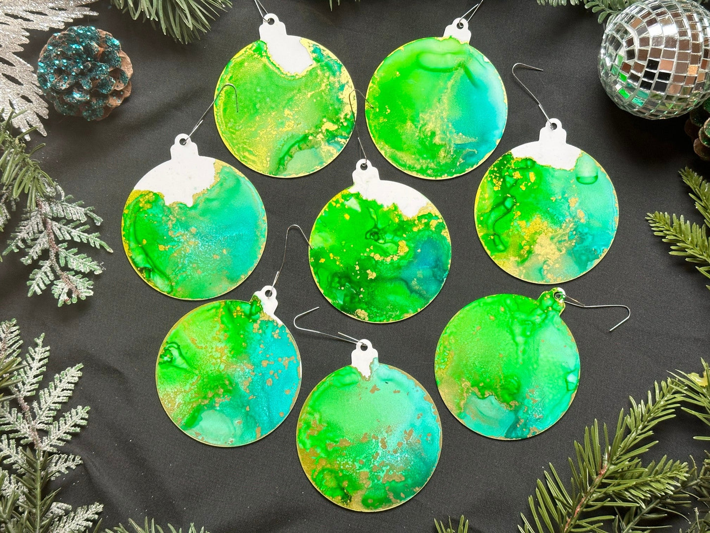 Lime, Aqua and Gold Inks Hand-Painted Ornaments - Set of 8 - Driftless Enchantments