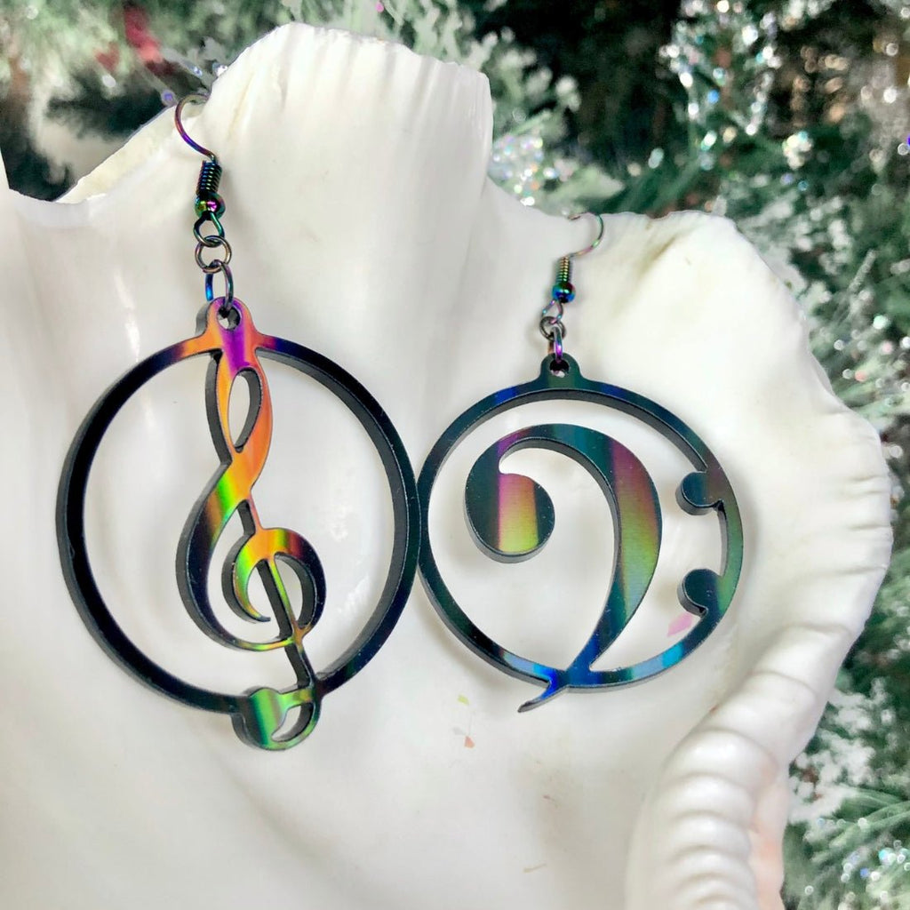 Music Lover's Treble and Bass Clef Earrings - Black Aurora - Driftless Enchantments