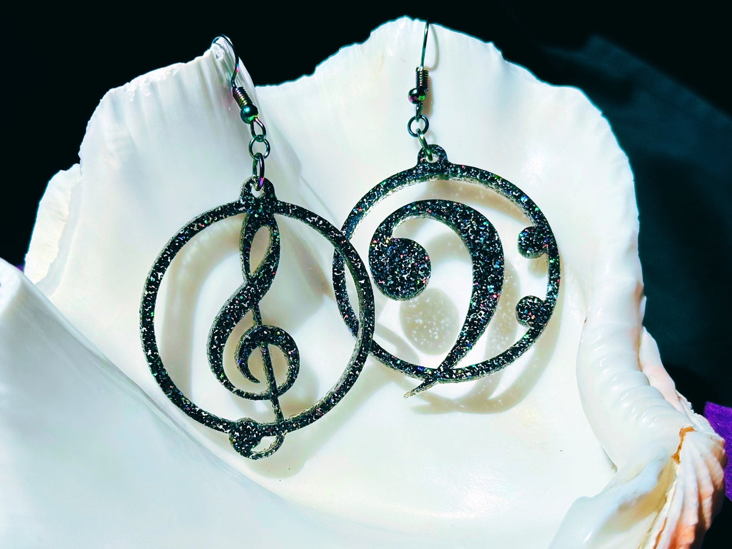 Music Lover's Treble and Bass Clef Earrings - Black Rainbow Glitter - Driftless Enchantments
