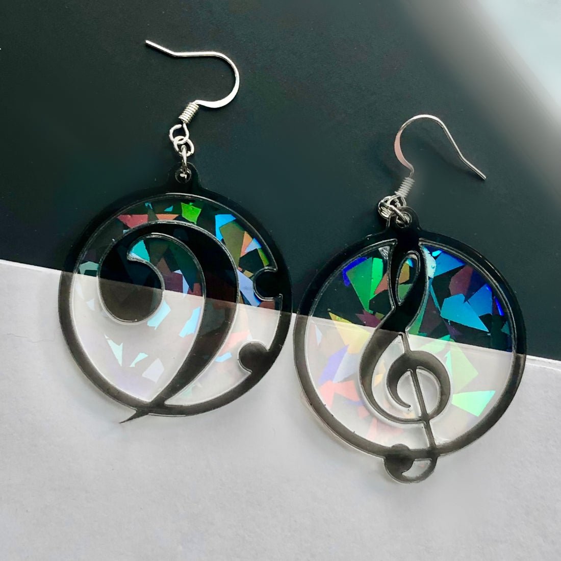 Music Lover's Treble and Bass Clef Earrings - Layered Holographic - Driftless Enchantments