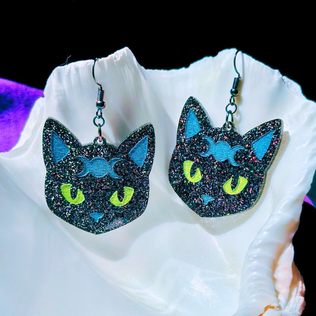 Mystic Kitty Earrings - Black Rainbow Glitter - Driftless Enchantments