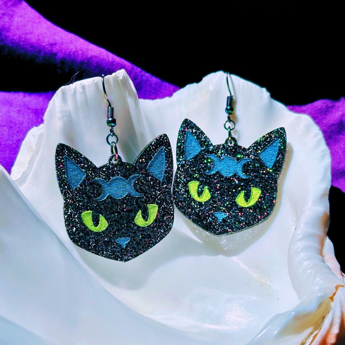 Mystic Kitty Earrings - Black Rainbow Glitter - Driftless Enchantments