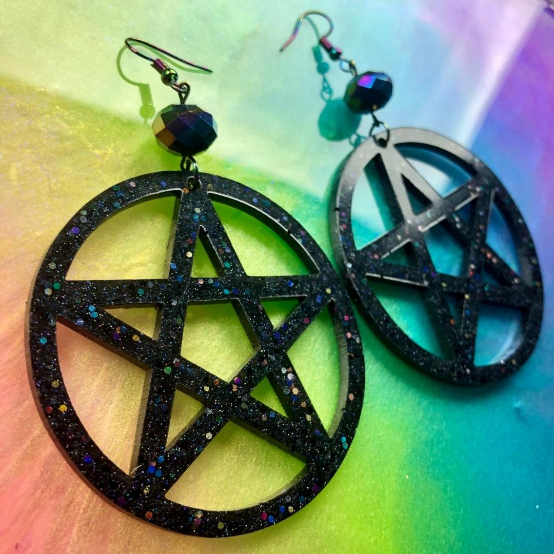 Pentagram Statement Earrings - Black Rainbow - Driftless Enchantments
