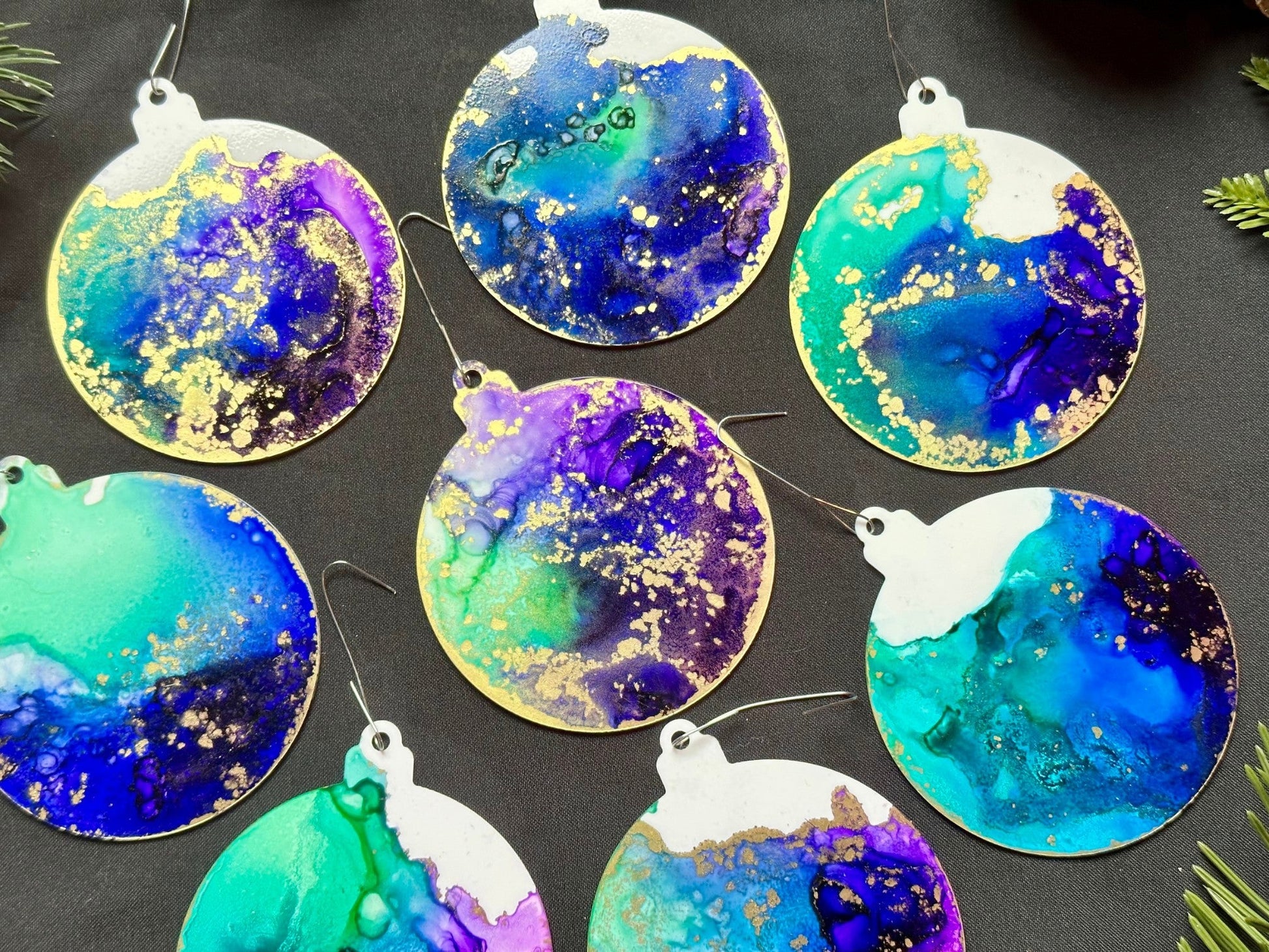 Purple, Teal, Blue and Gold Inks Hand-Painted Ornaments - Set of 8 - Driftless Enchantments