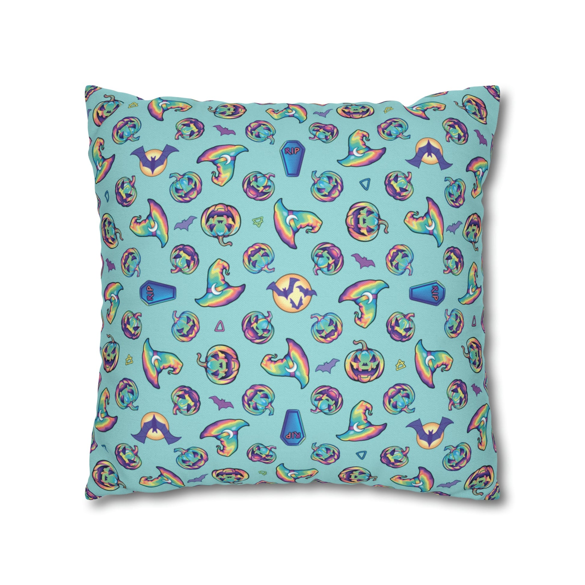 Rainbow Witch Hat Reversible Square Pillow Case - Aqua - Driftless Enchantments