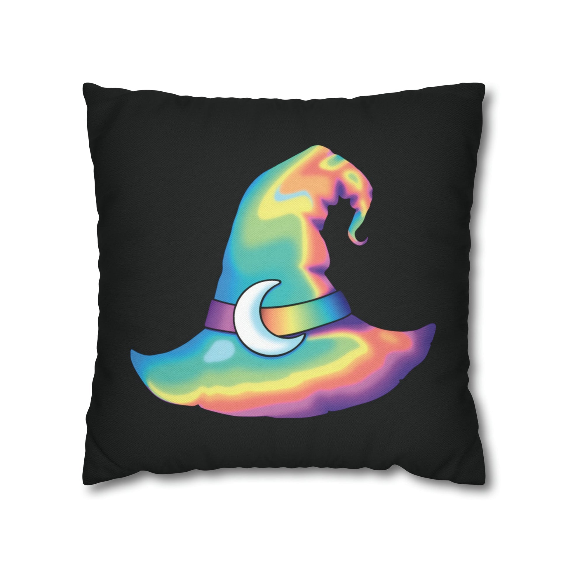Rainbow Witch Hat Reversible Square Pillow Case - Black - Driftless Enchantments