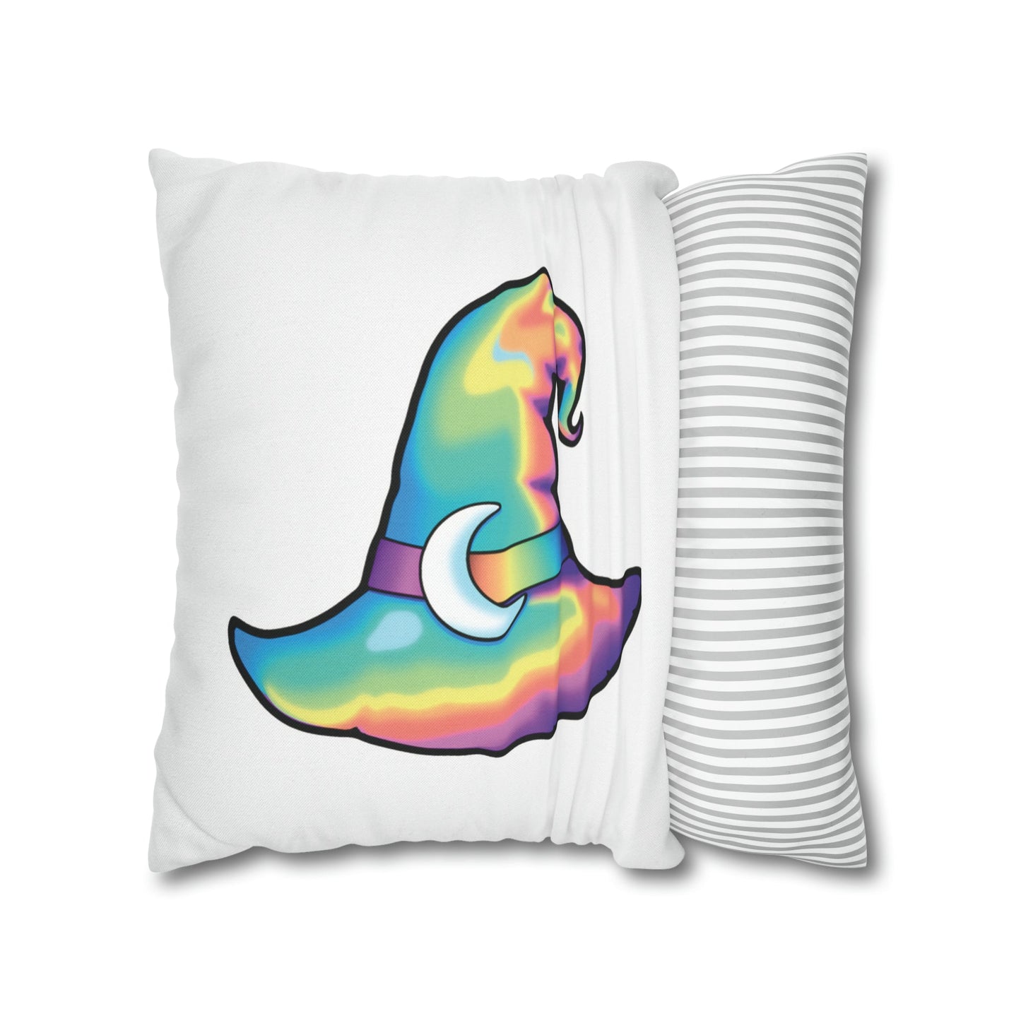 Rainbow Witch Hat Reversible Square Pillow Case - White - Driftless Enchantments