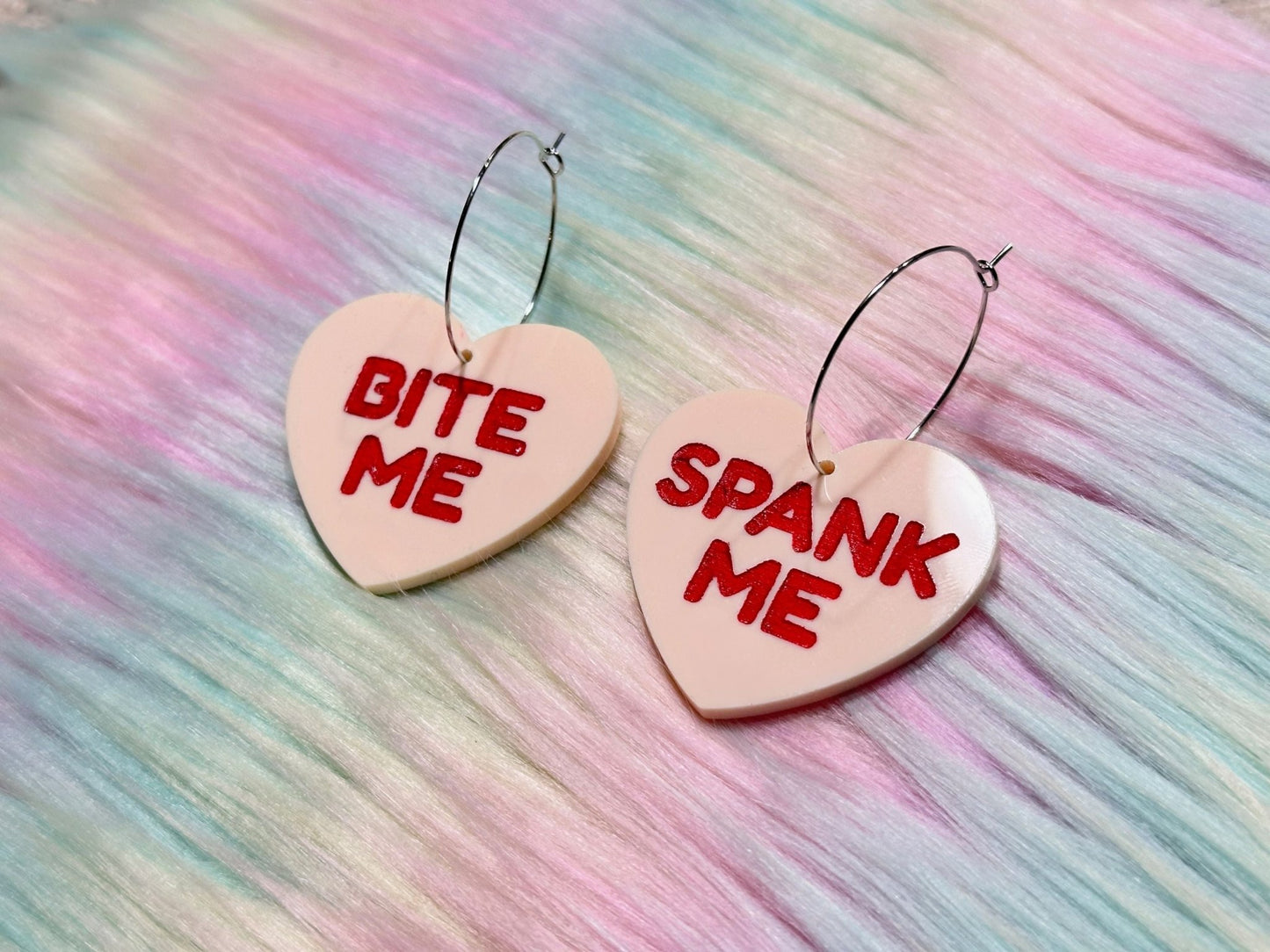 Raunchy Heart Earrings - "Bite Me, Spank Me" - Painted Raina