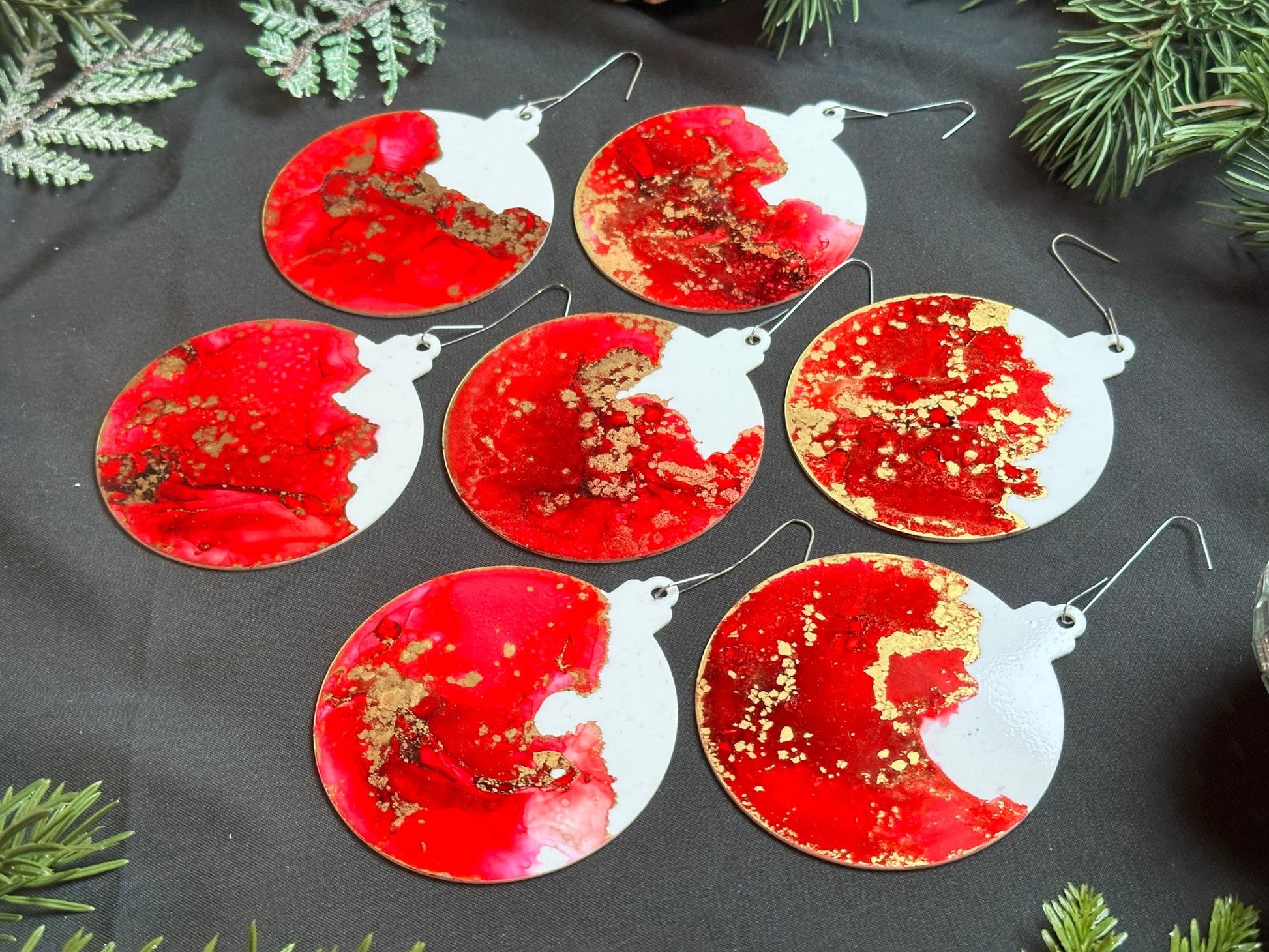 Scarlet and Gold Inks Hand-Painted Ornaments - Set of 7 - Driftless Enchantments