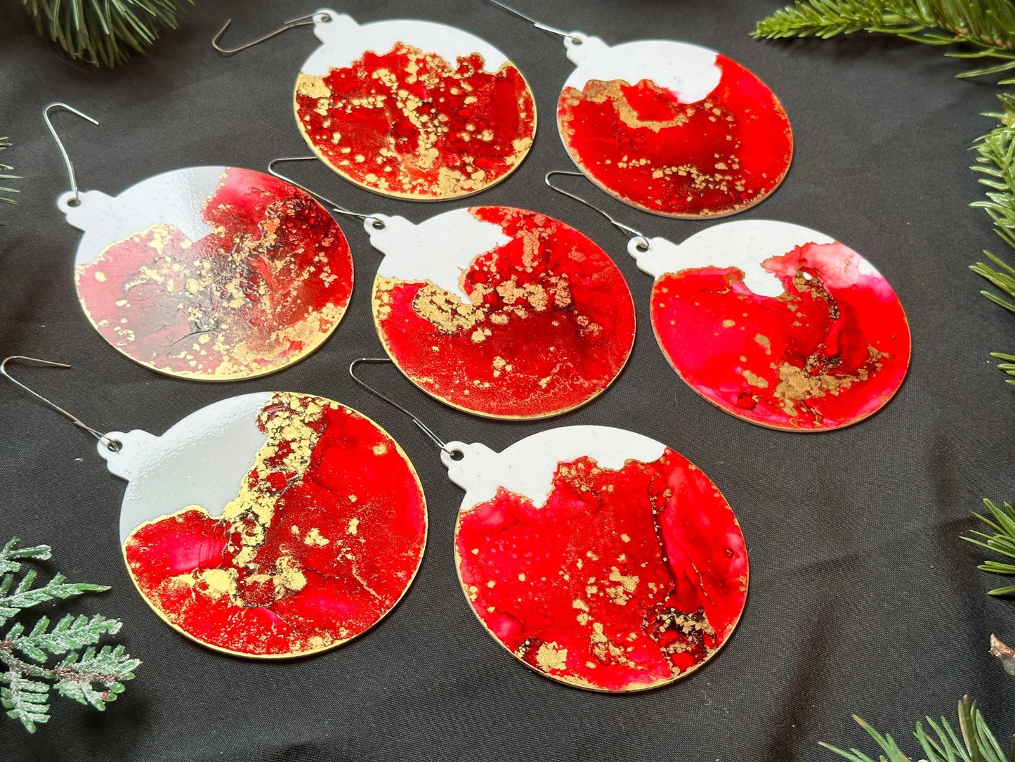 Scarlet and Gold Inks Hand-Painted Ornaments - Set of 7 - Driftless Enchantments